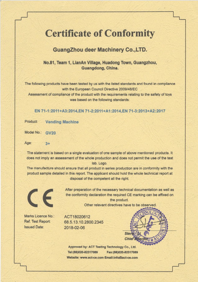 China Guangzhou Deer Machinery Co., Ltd. Certificaten