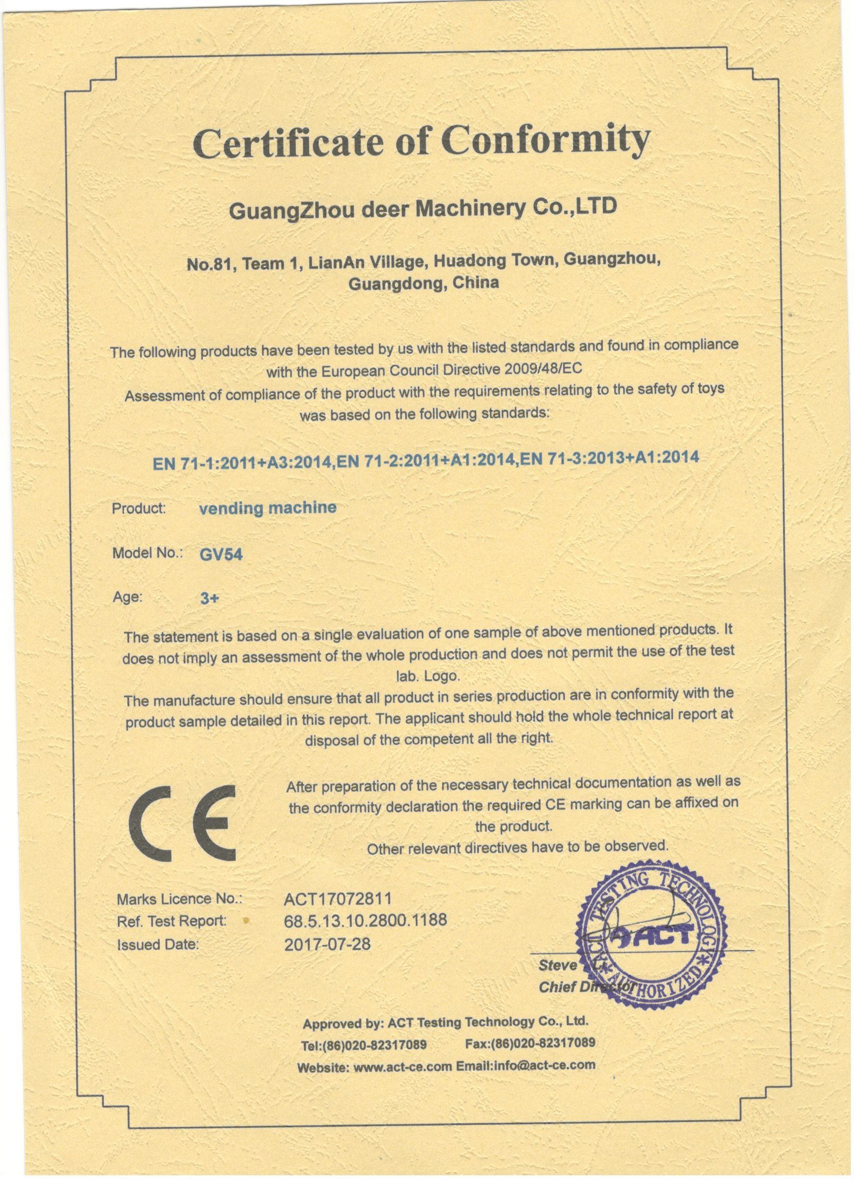 China Guangzhou Deer Machinery Co., Ltd. Certificaten
